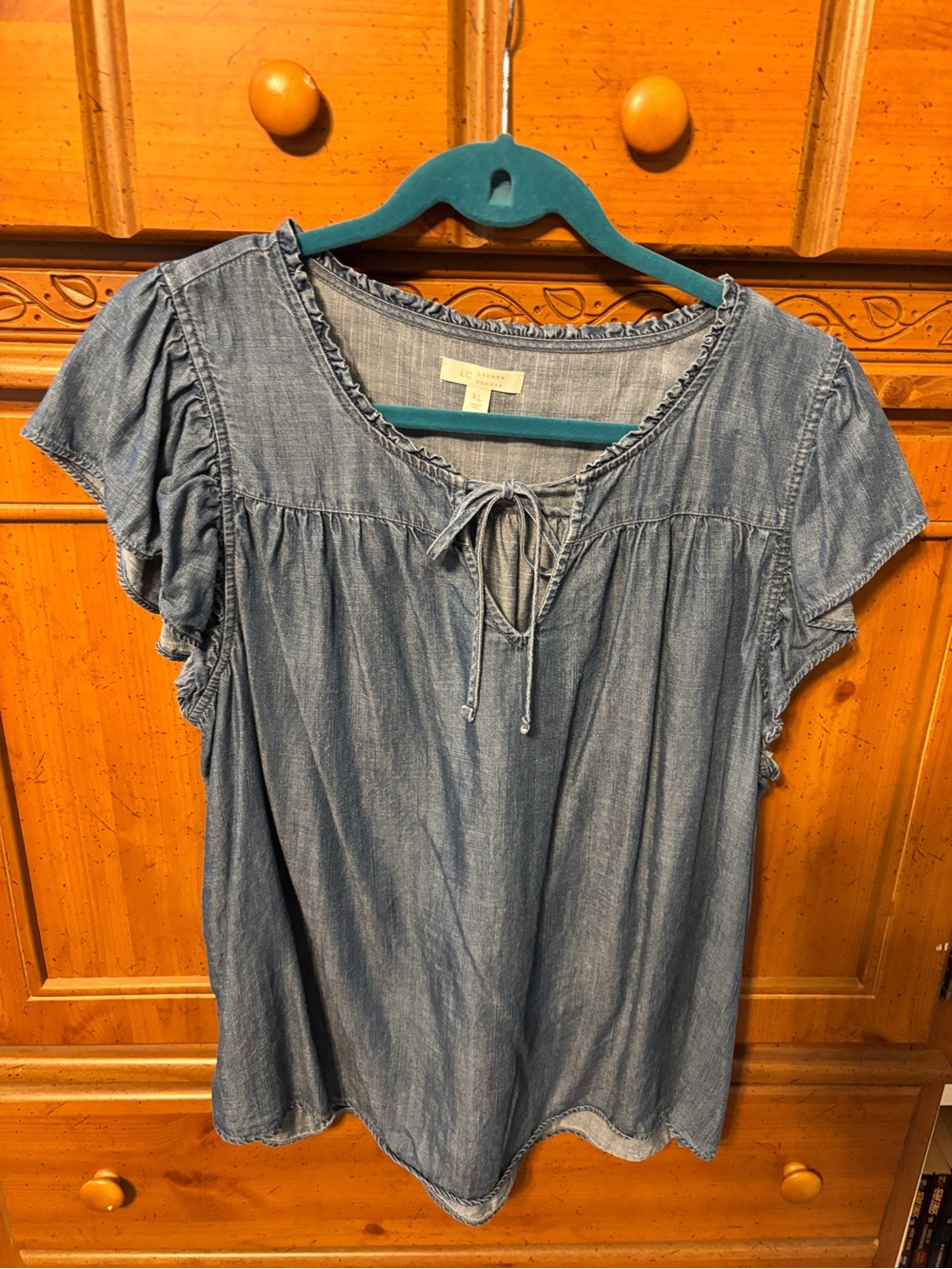 LC Lauren Conrad Soft Blue Chambray Tie-Front Peasant Top